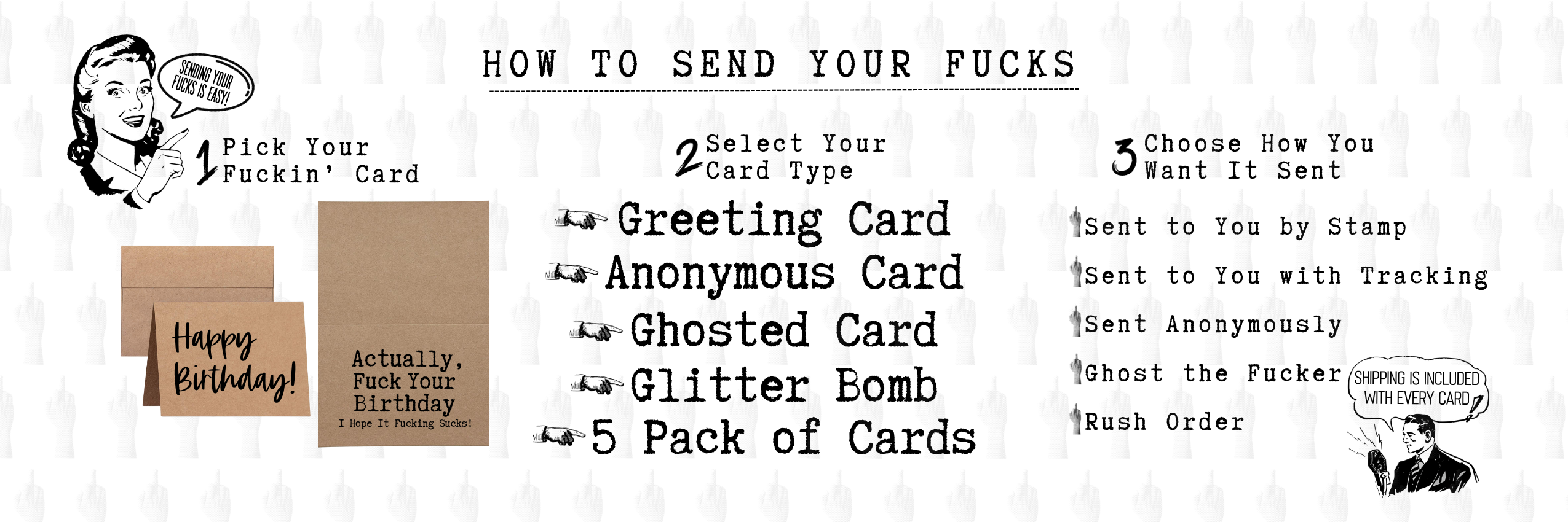 How to Send Your Fucks - Greeting cards are sent to you, anonymously, ghost the fucker, glitter bombs, five pack of cards and rush order cards