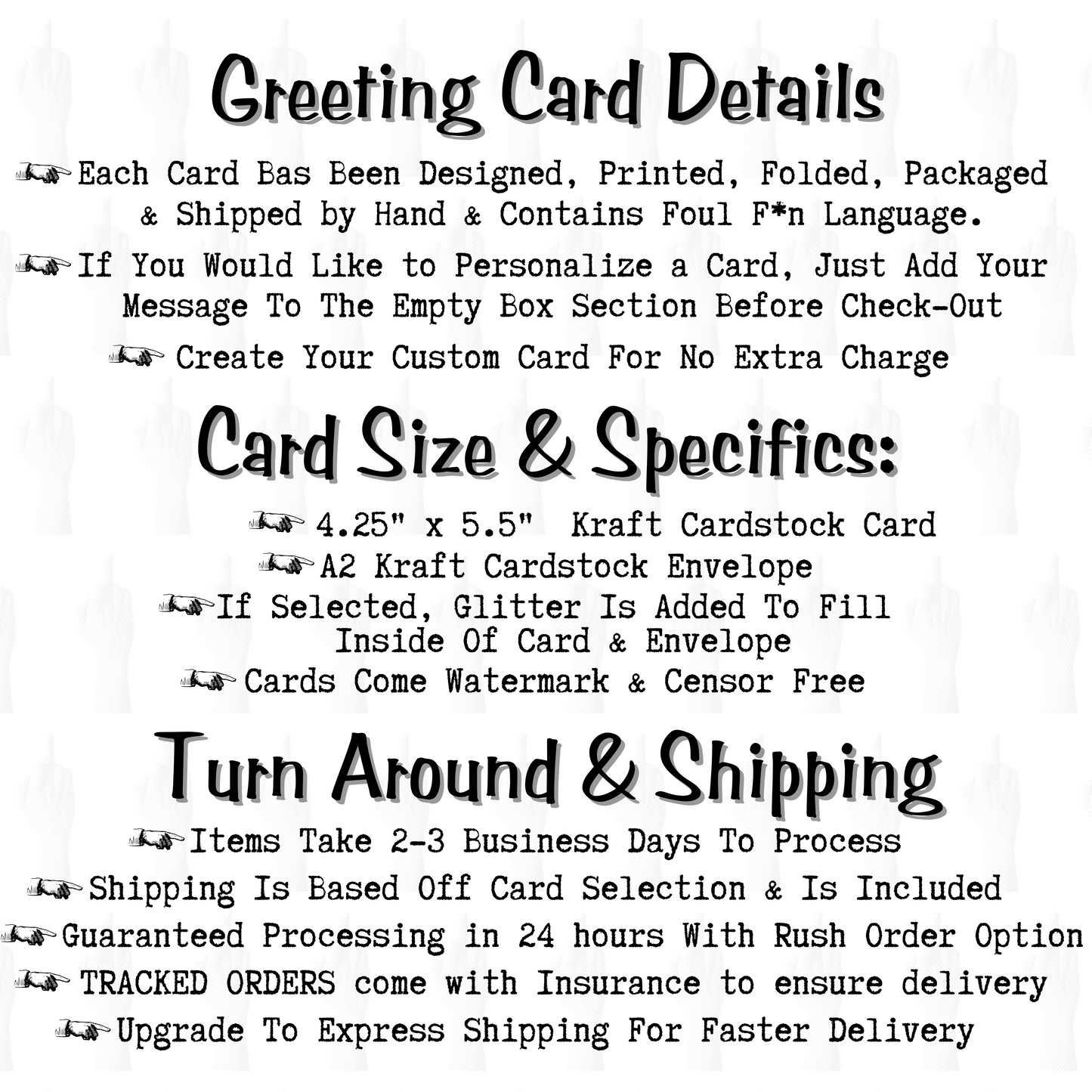 GREETING CARD DETAILS
-Each Card is Made By Hand
-Personalize Any Card Free
-We Offer Wholesale Options
-Card Size is 4.25 x 5.5 in Kraft Card Stock with Envelope
-Glitter Filled if Selected
-Cards Take 2-3 Days to Fulfill
-Shipping Included