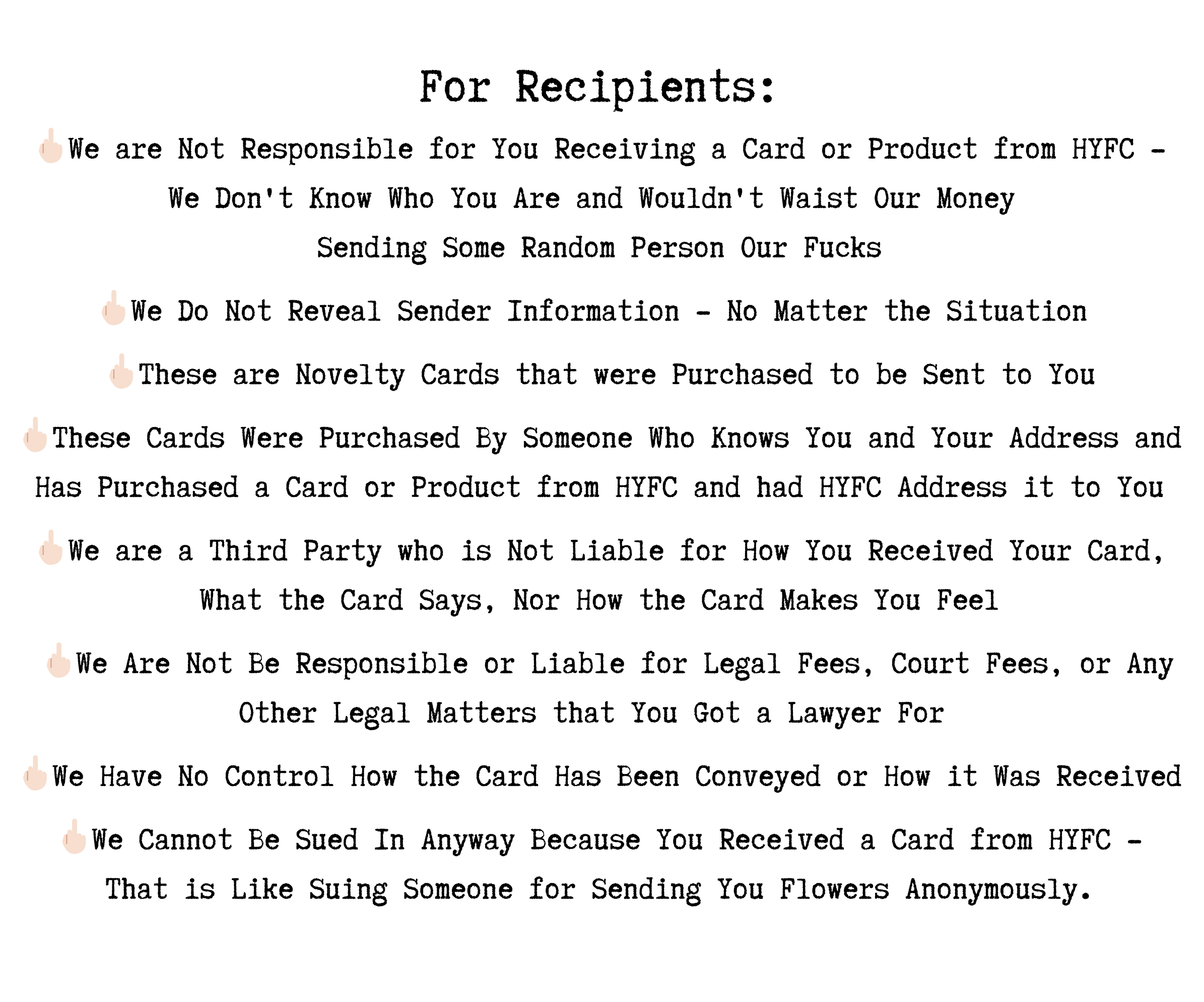 Disclaimer for Recipients says HYFC is not responsible for sent or received cards along with other release information