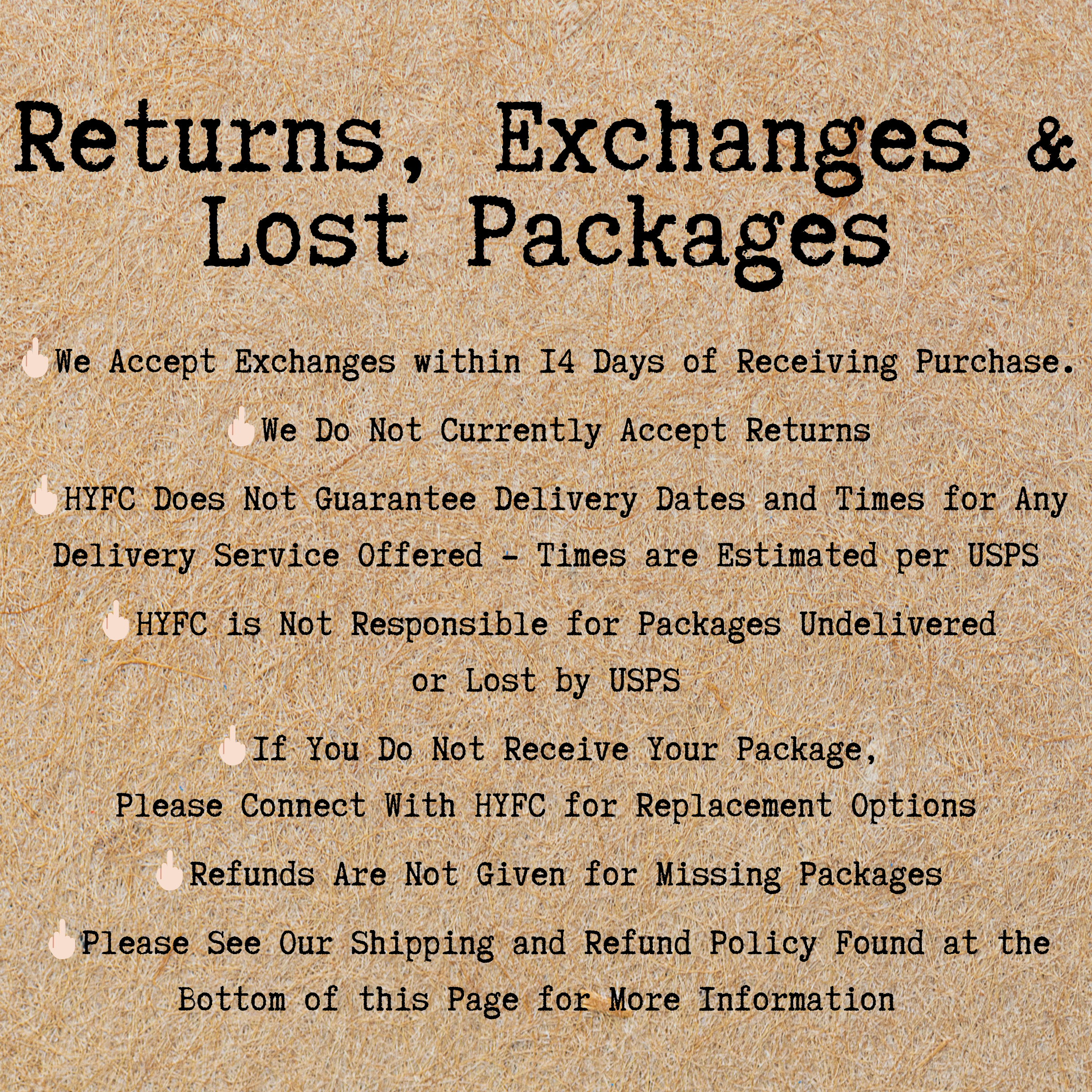Find Return, Exchange and Lost Package info on this image