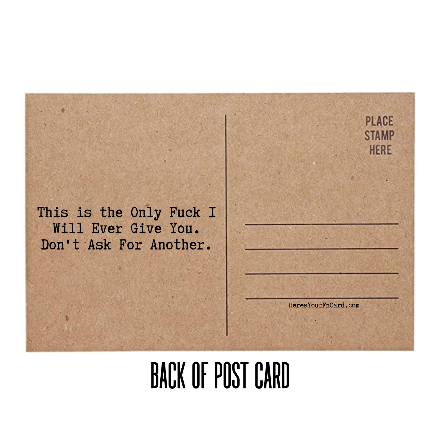 This is the only fuck I will ever give you don't ask for another. back of post card with lines for address and place for stamp