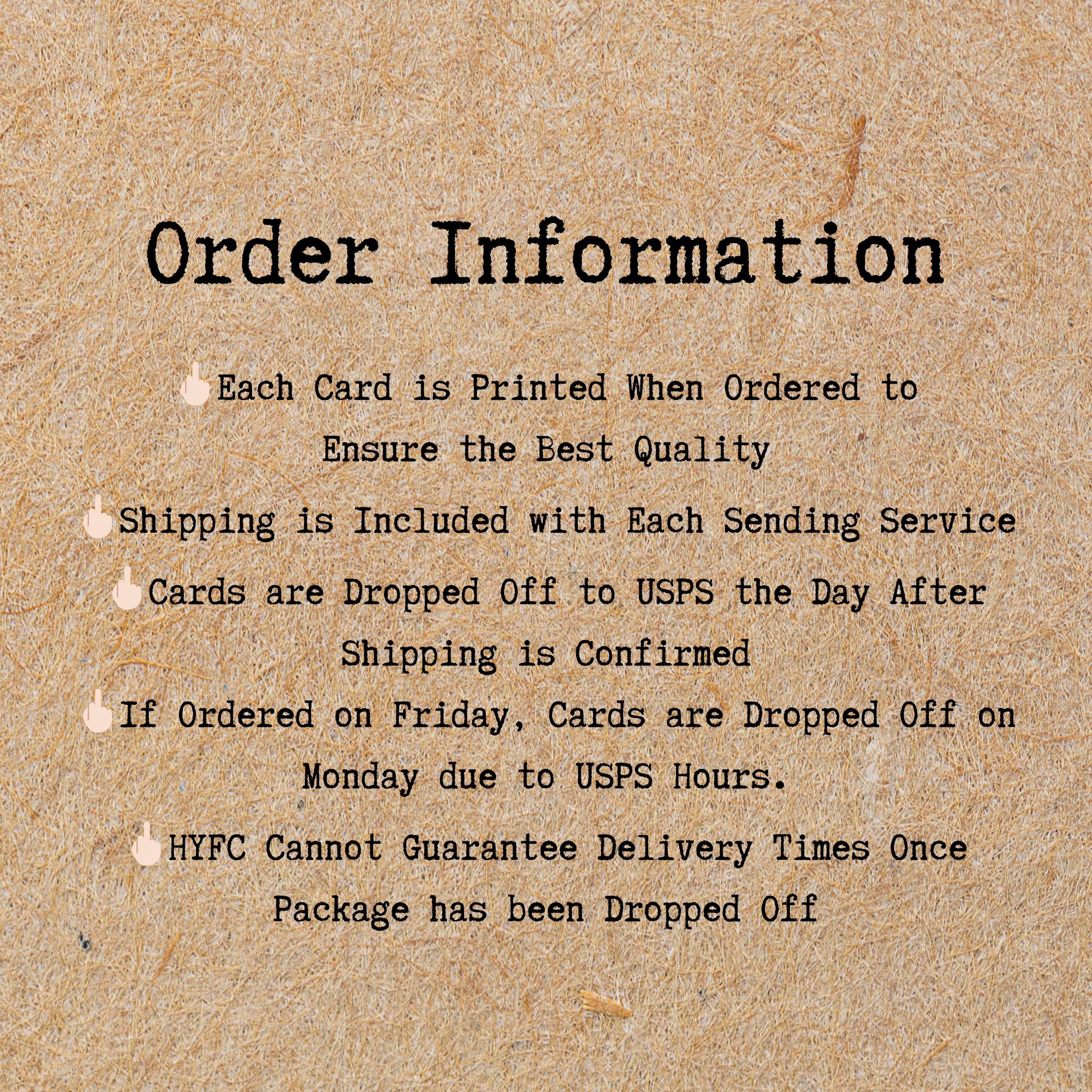 Order Information including when cards are dropped to USPS