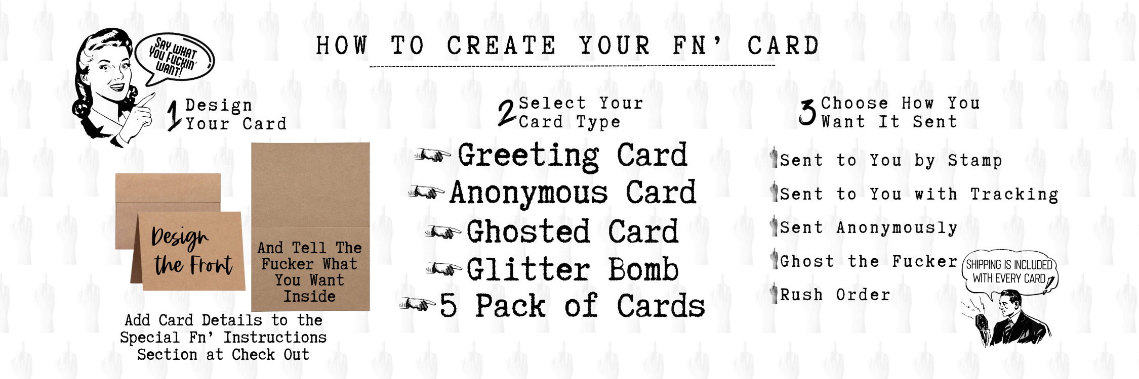 This is how to create your own card: add the front and inside card information in the personalization section then select the card type and then your sending service