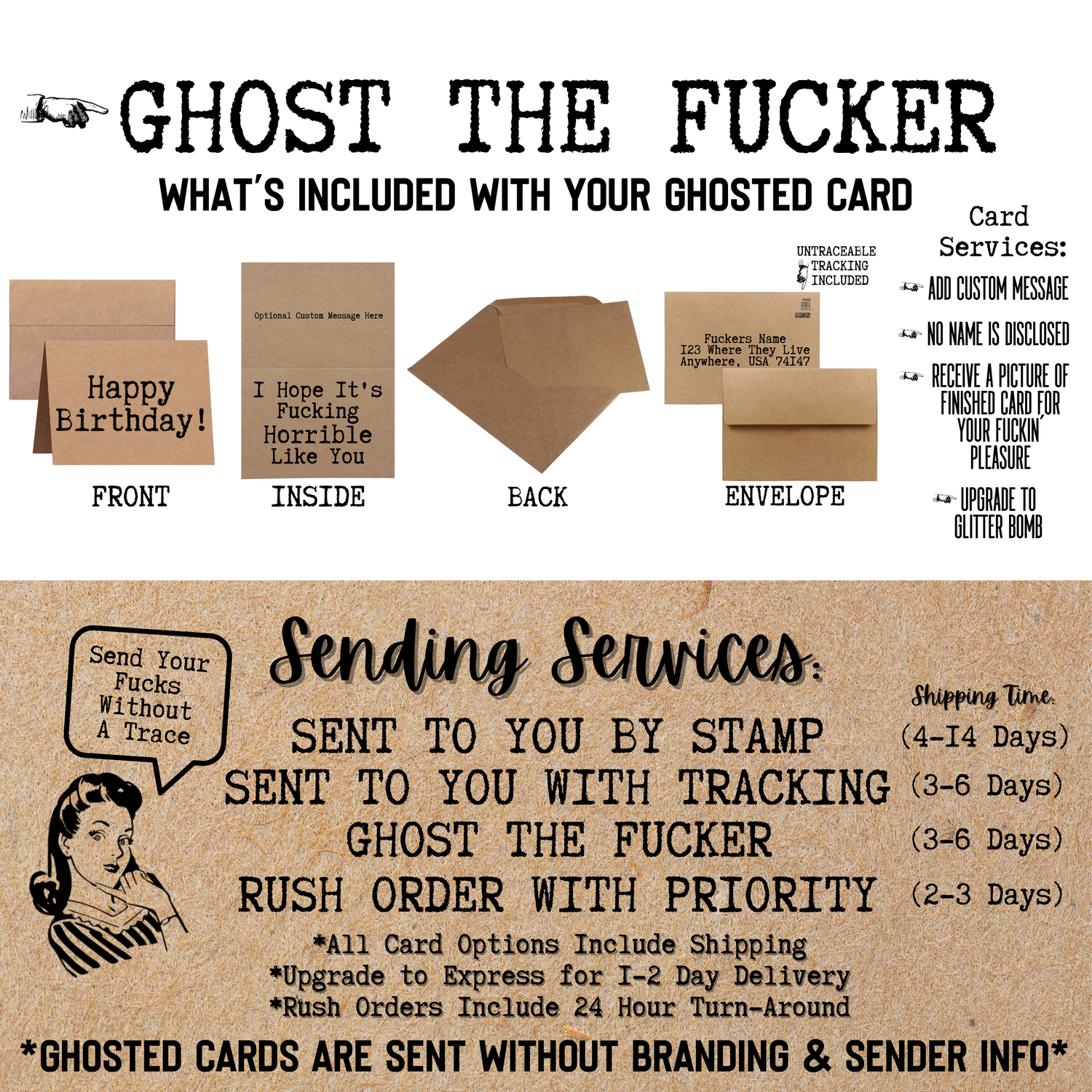 Send a Greeting Card by Ghosting the Fucker which includes no branding and no sender info 