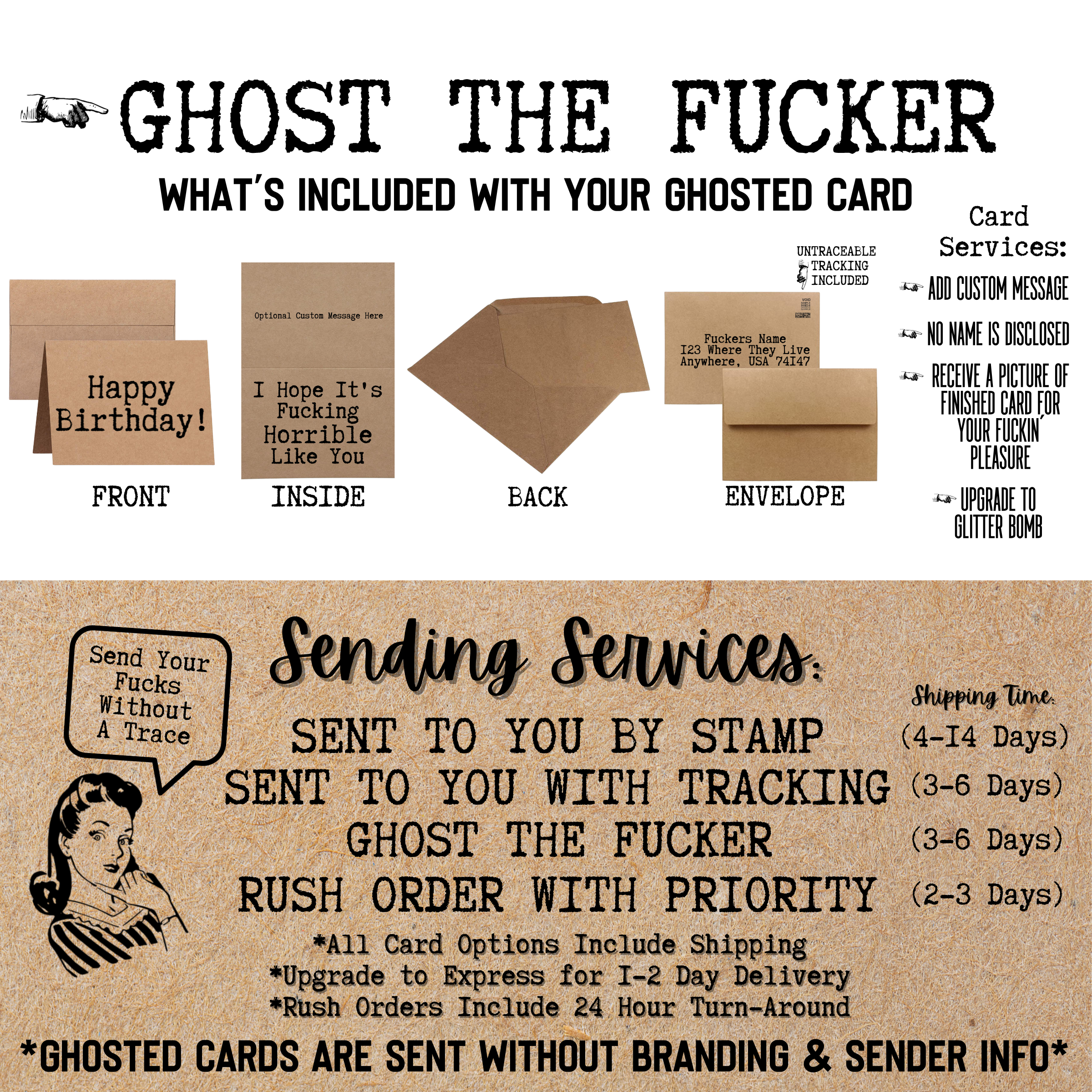 Send a Greeting Card by Ghosting the Fucker which includes no branding and no sender info 