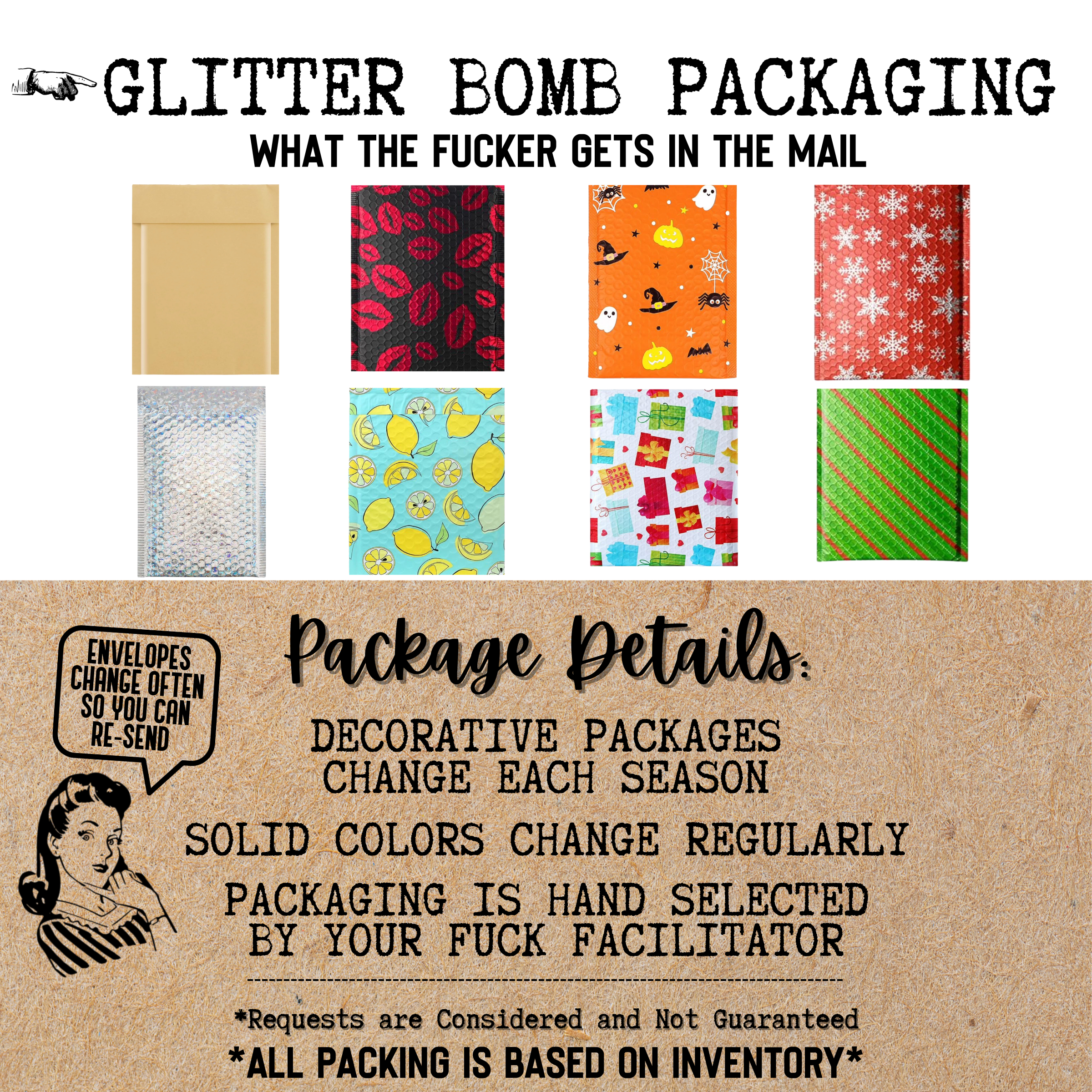 glitter bomb packaging details such as colors changing often and decorative packaging changing with each season and occasion