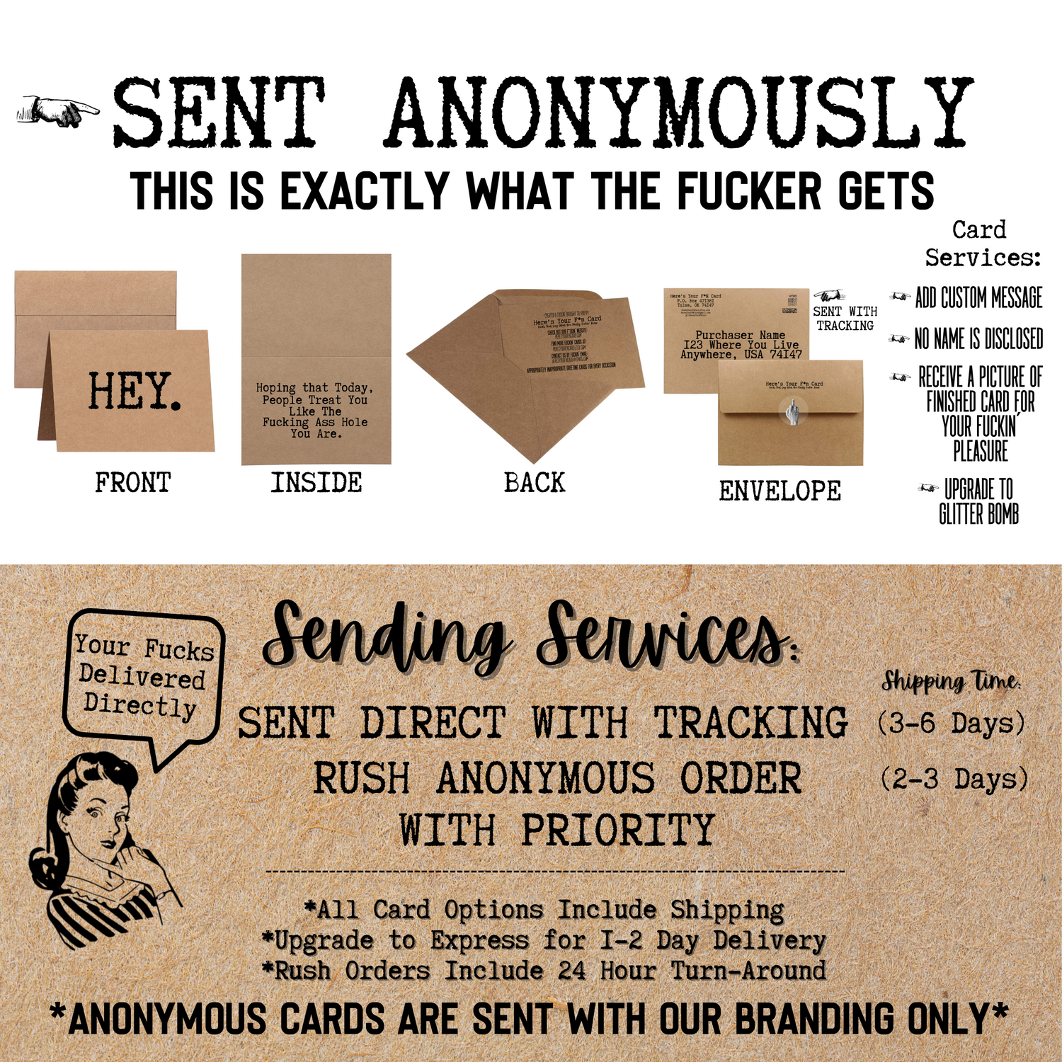 send greeting cards anonymously which includes the card in envelope and untraceable tracking and customize card free and upgrade to glitter bomb
