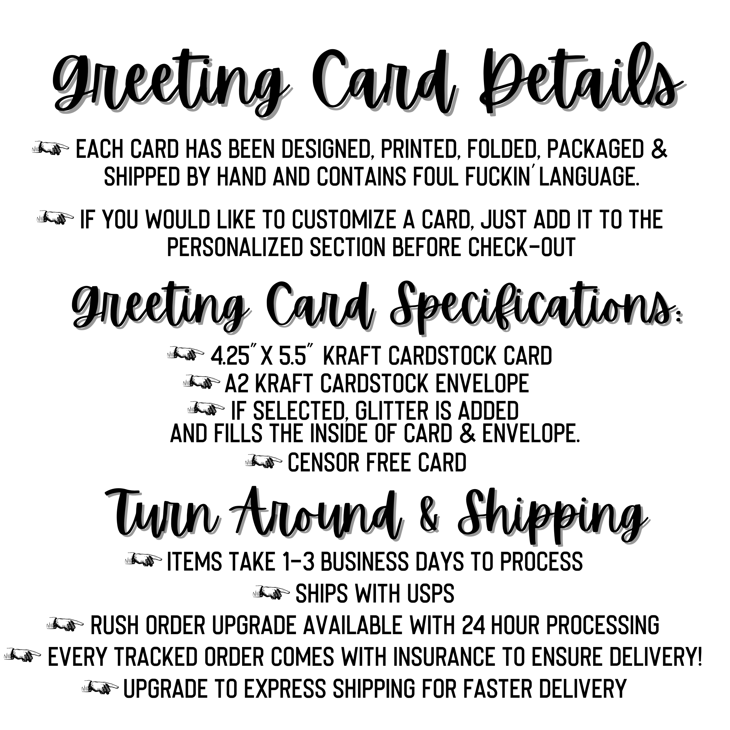 greeting card details such as card dimensions shipping info and turn around time